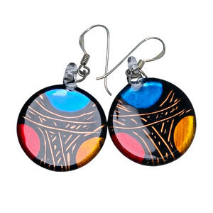 Chuvora 925 Sterling Silver Blown Glass Red Blue Yellow Curve Dangle Earrings